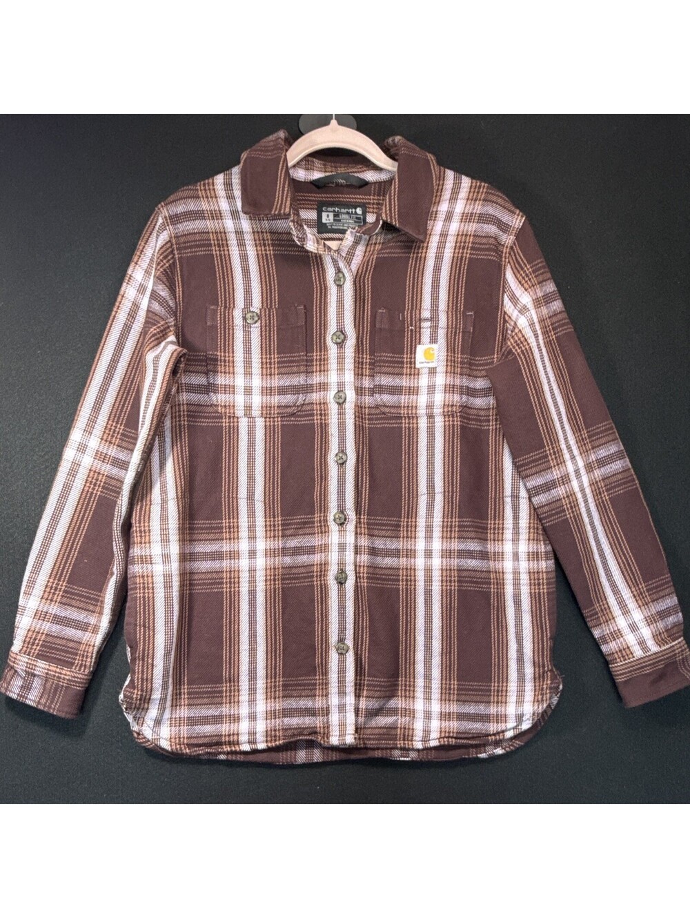 Carhartt Men's S Loose Fit Brown/White Plaid Flannel Long Sleeve Button-Up